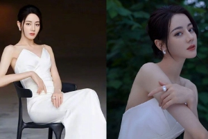 迪丽热巴身穿抹胸流光长裙拍大片