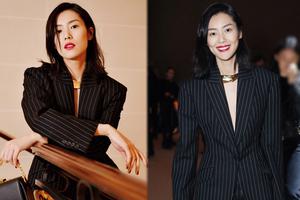 刘雯深V条纹西装帅气知性 显纤腰长腿