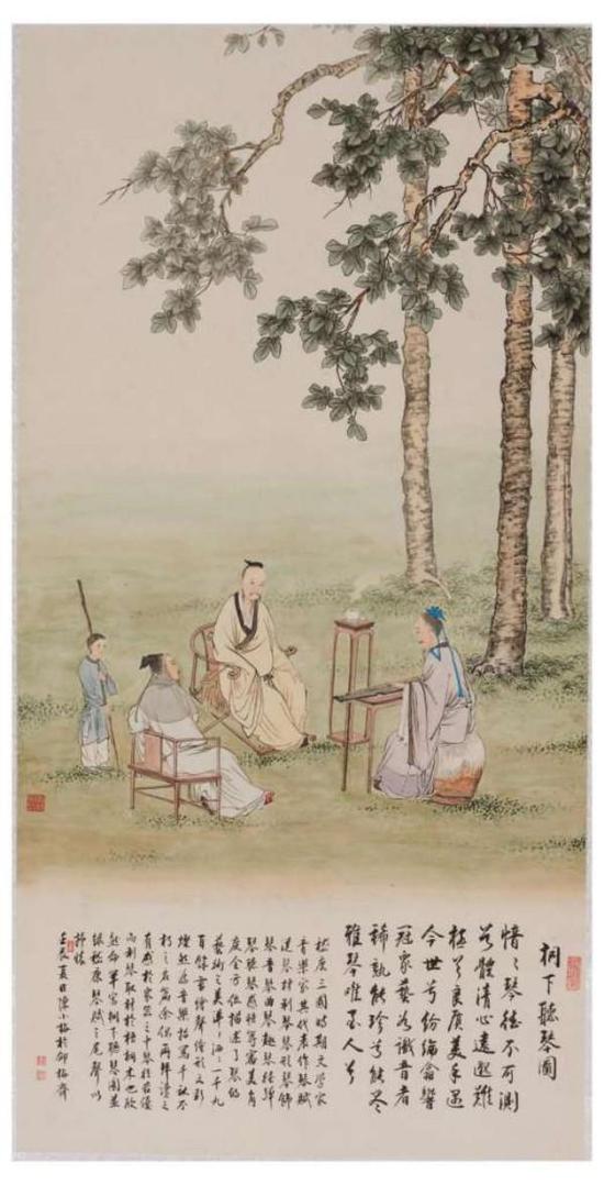 陈长智林庆萍作品赏析《桐下听琴图》 133cm×66cm