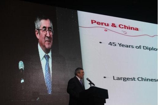 图为上一届大会时，秘鲁驻华大使胡安-卡洛斯-卡普纳伊分享秘鲁矿业机会。