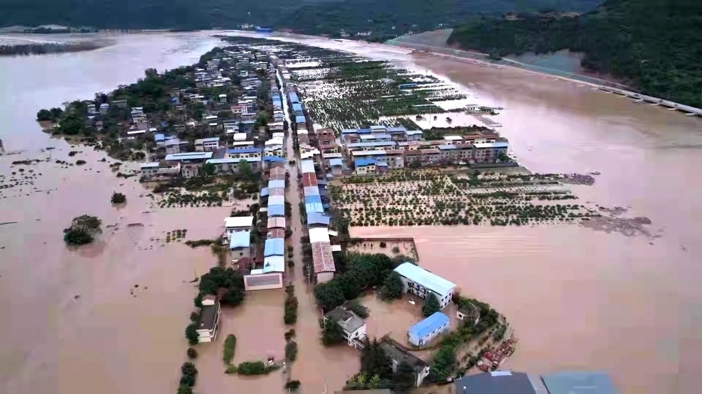 嘉陵江洪水围困处于低洼地带的蓬安县锦屏镇中坝社区