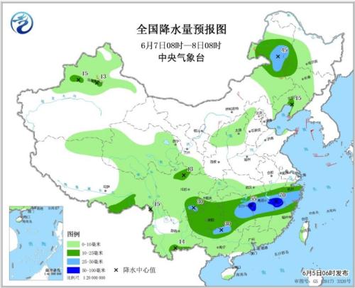 图4 全国降水量预报图(6月7日08时-8日08时)