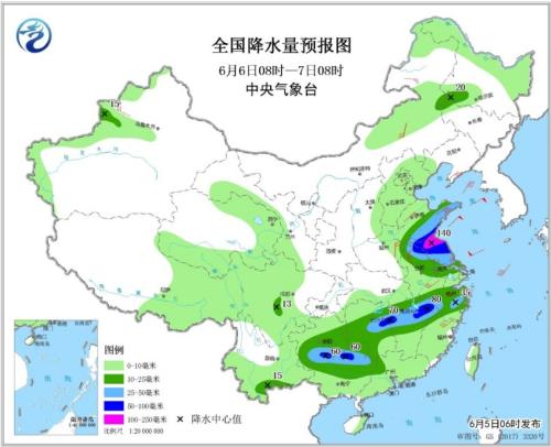 图3 全国降水量预报图(6月6日08时-7日08时)