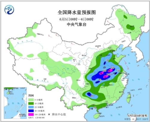 图2 全国降水量预报图(6月5日08时-6日08时)