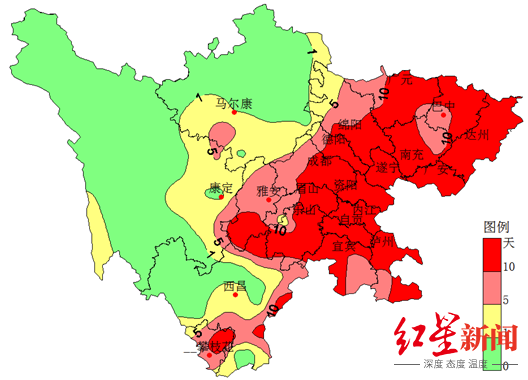 　▲四川省7月最高气温大于35度高温日数分布图