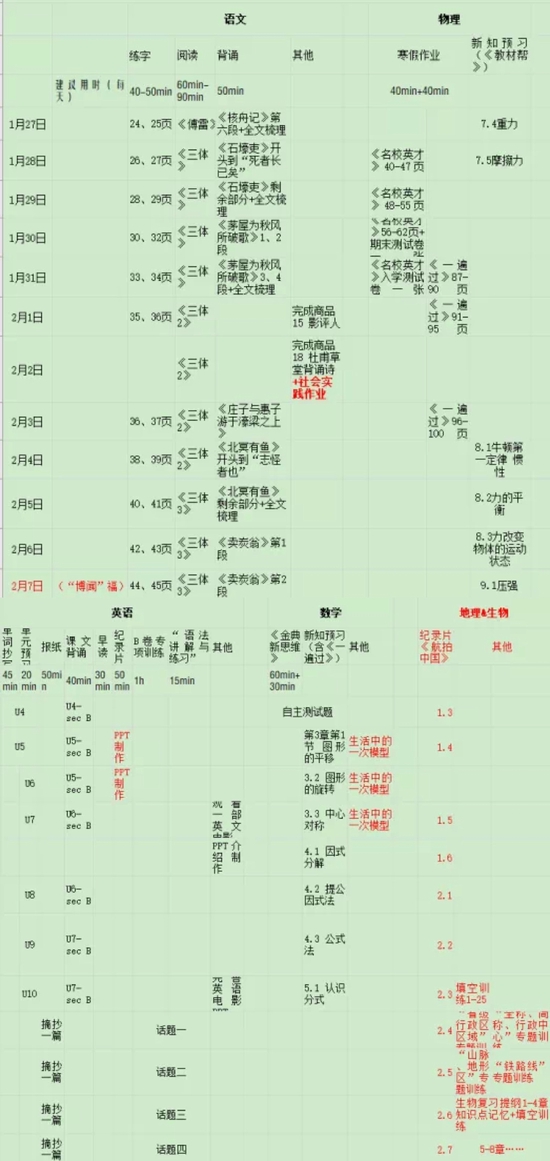 初二学生马嘉乐的寒假日程表 受访者供图