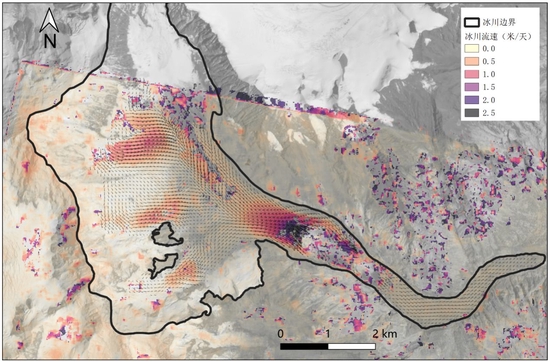 基于光学影像提取的海螺沟冰川春季冰面流速（2018.04.04–2018.04.20） 刘巧供图