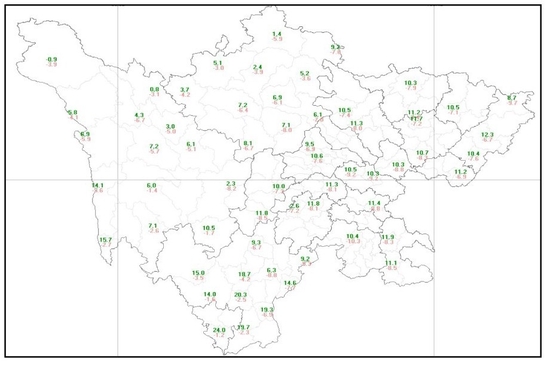 4月14日至16日四川各地72小时降温图（绿色为16日日平均温度，红色为降温幅度）