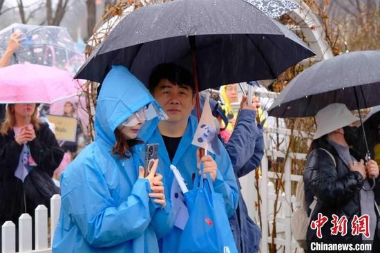 4月3日，民众冒雨送行旅韩大熊猫“福宝”。　中新社记者 刘旭 摄