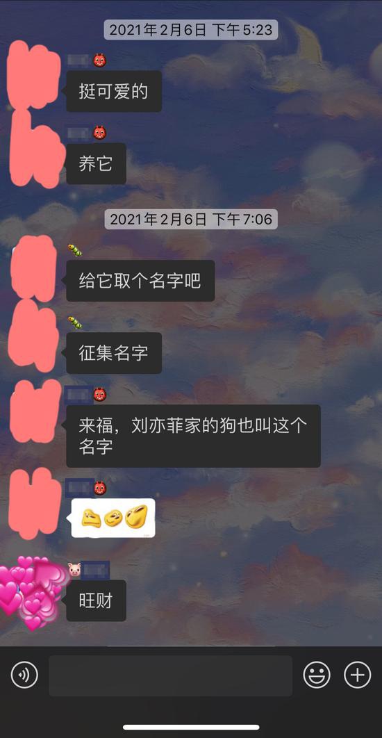 莎莎2月6日下午7時許,與好友最后一條聊天記錄 ,莎莎給狗取名為“旺財”。莎莎的好友供圖