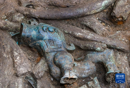 　这是9月2日在四川德阳广汉市三星堆考古发掘现场8号“祭祀坑”拍摄的青铜神兽。新华社记者 王曦 摄