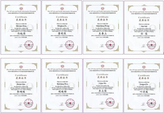 亚洲和太平洋地区信息学奥林匹克(APIO2020)获奖证书
