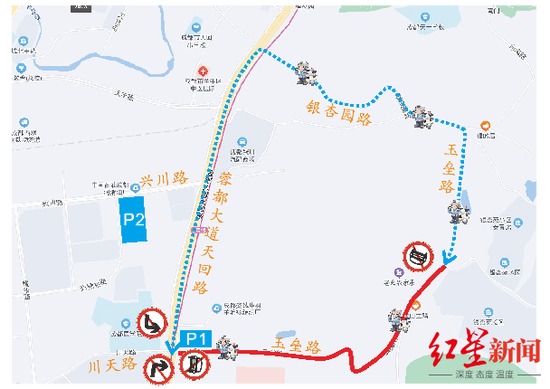 ↑原经玉垒路通行的机动车可以通过银杏园路绕行