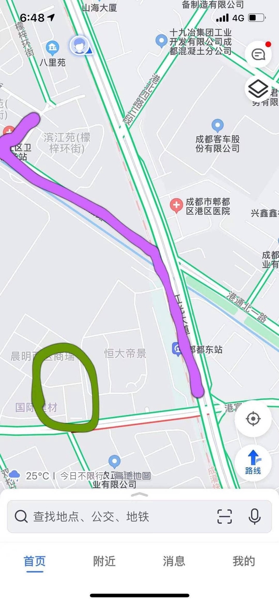 紫线为陶自清回家路线，曾出现在绿圈附近。受访者供图
