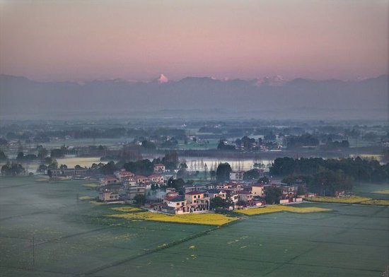 2025年3月25日，在成都市大邑县王泗镇庙湾村，雪山、动车与油菜花田同框。新华社记者 江宏景 摄