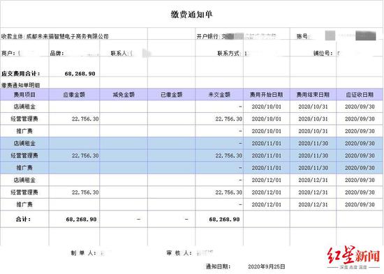 商场发的缴费通知单未出现欠费情况