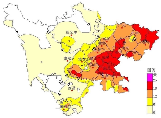 四川省7月以来最高气温大于35℃高温日数分布图（图由四川省气候中心提供）