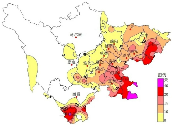 2021年汛期四川省高温日数分布图