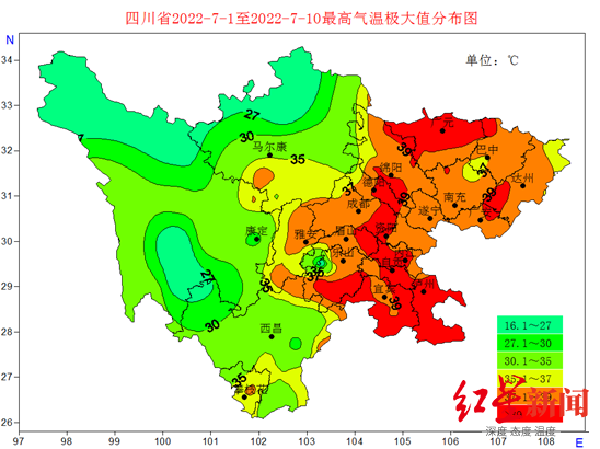 四川省7月上旬高温天气分布