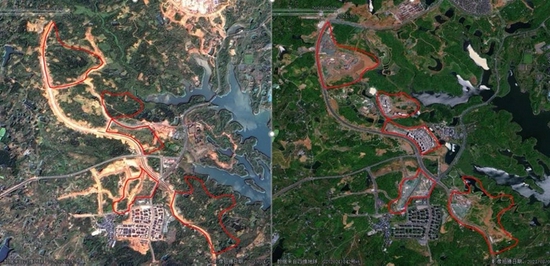 （左侧为2019年4月卫星影像图，黑龙滩饮用水水源准保护区内部分土地尚未开发利用，植被覆盖较好；右侧为2021年8月卫星影像图，该区域内有大量房地产项目开发建设，影响生态系统的原真性和完整性。中央第五生态环境保护督察组供图）