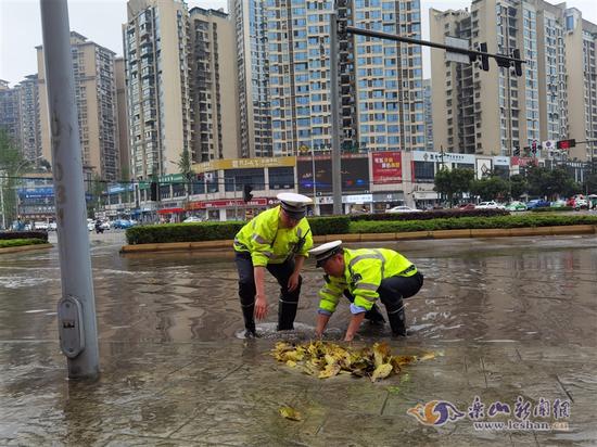 民警徒手清掏堵塞下水道的樹葉