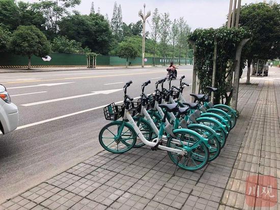 图为5月24日，青神县城某街道旁，有序停放的共享自行车。