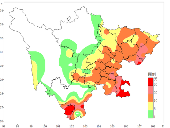 　2021年四川省高温日数分布图