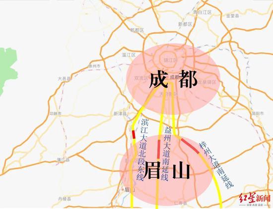 ↑成眉间3条城际快速通道线路图。