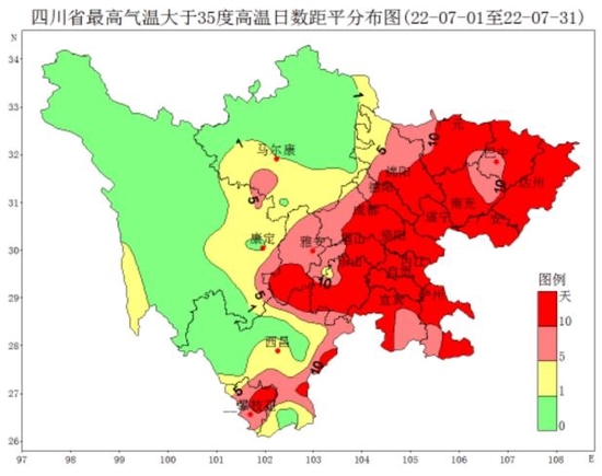 7月四川省高温日数距平分布图