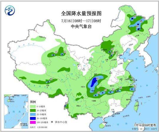 图1 全国降水量预报图(7月16日08时-17日08时)