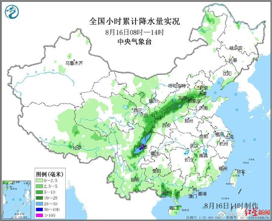 ↑全國小時累計降水量實況(據中央氣象臺)