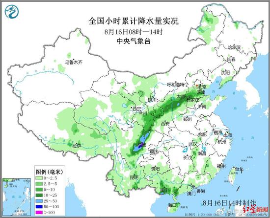 ↑全国小时累计降水量实况（据中央气象台）