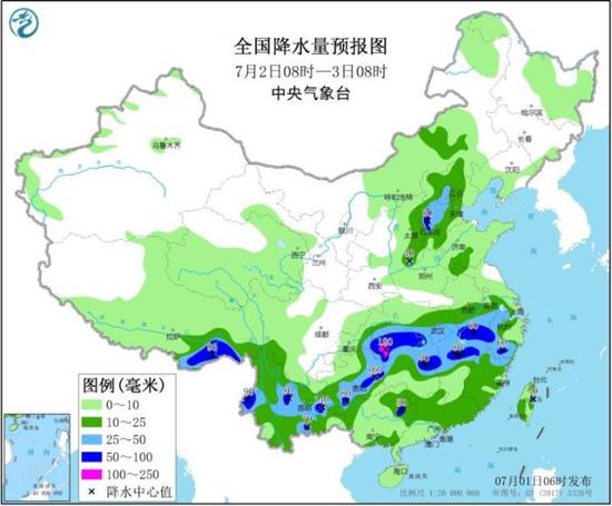 全国降水量预报图（7月2日08时-3日08时）