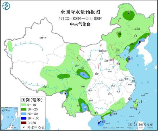 图1 全国降水量预报图（5月23日08时-24日08时）