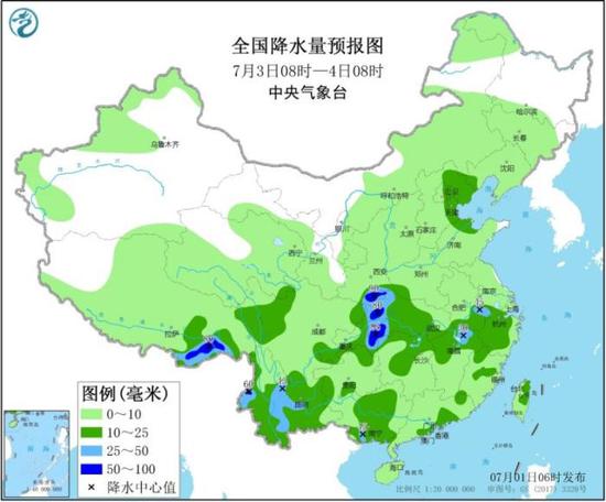 全国降水量预报图（7月3日08时-4日08时）