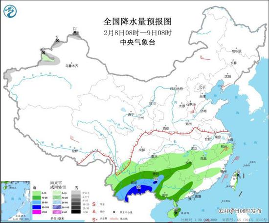 图2 全国降水量预报图（2月8日08时-9日08时）