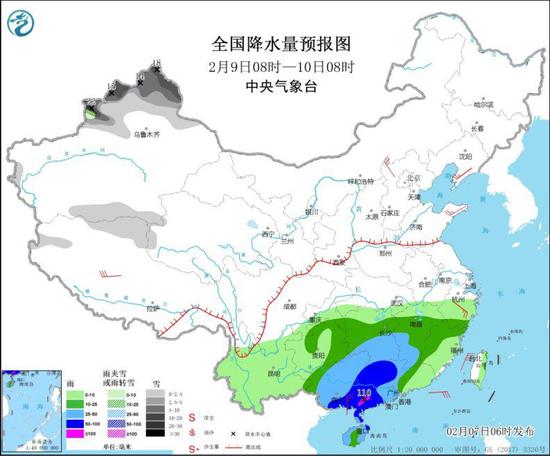 图3 全国降水量预报图（2月9日08时-10日08时）