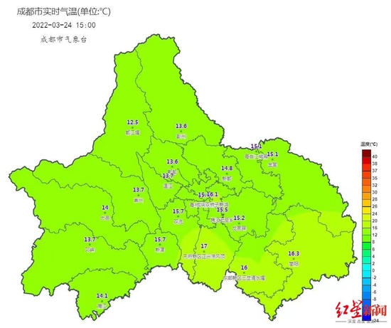 　↑成都3月24日15时实时气温分布图 图据@成都气象