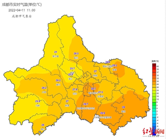 ↑成都11时实时气温 图据@成都气象