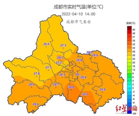 ↑成都4月10日实时气温分布图 图据@成都气象