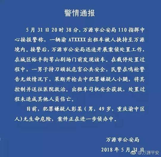6月1日凌晨00:59,万源市公安局官方微博“万源平安”发布警情通报称: