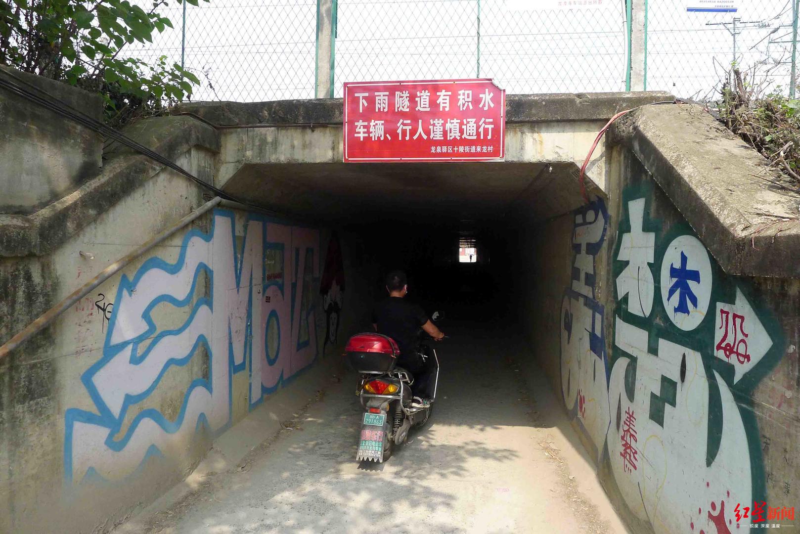 ↑十陵街道来龙村6组和9组之间的涵洞隧道。