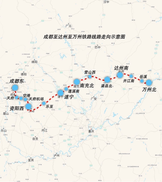 成都至达州至万州高速铁路线路走向示意图 中国铁路成都局集团公司供图