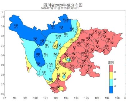 　　[四川2020年7月平均气温分布图]