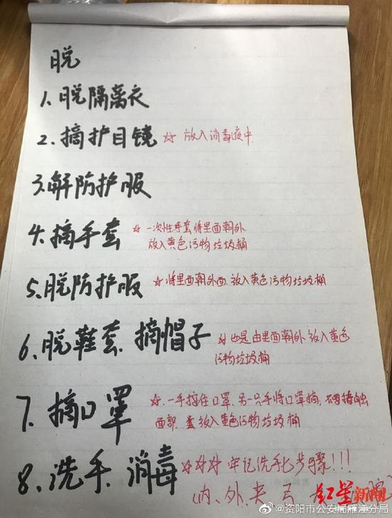 　↑刘虹利手书的防护服“操作指南”