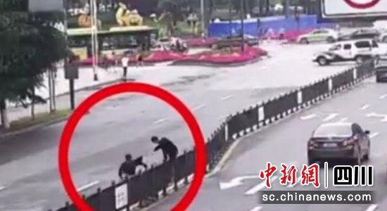 兩小伙跨越道路隔離設施被監控拍下(自貢公安交警 供圖)