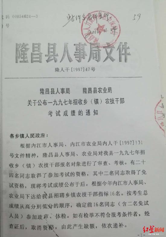 1997年,當時的隆昌人事局、農業局公布考試成績的通知