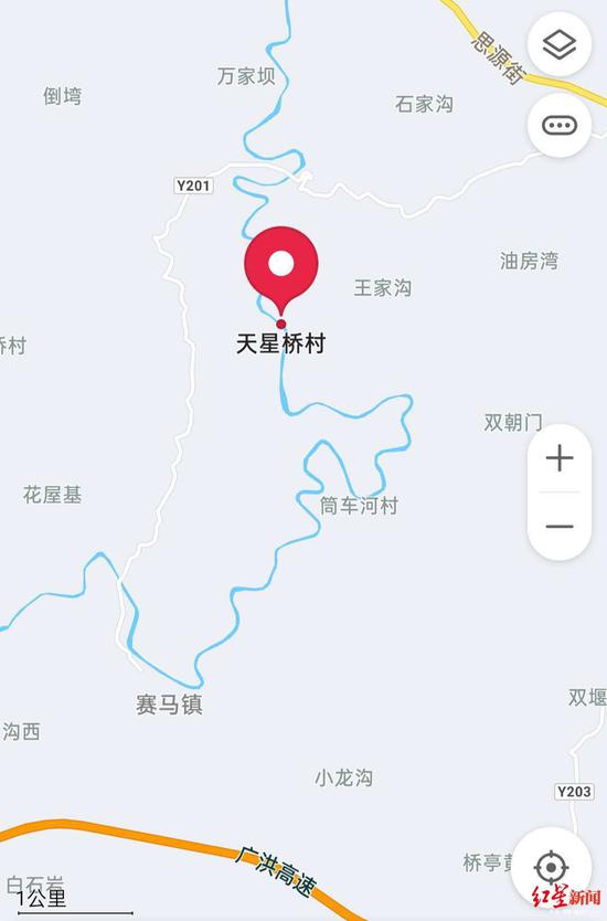 ↑去年9月,劉某在天星橋村境內河邊釣魚時不慎觸電身亡(地圖截圖)。