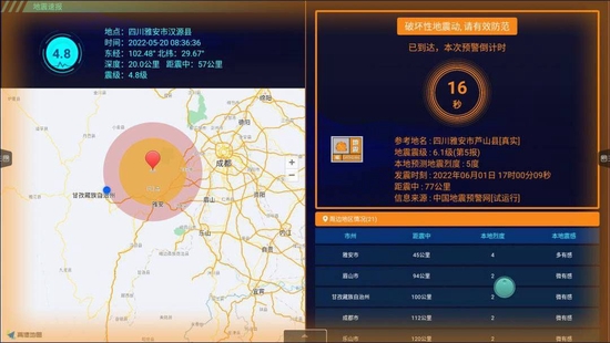 6.1级地震发生前，四川省地震局地震预警系统的实时画面