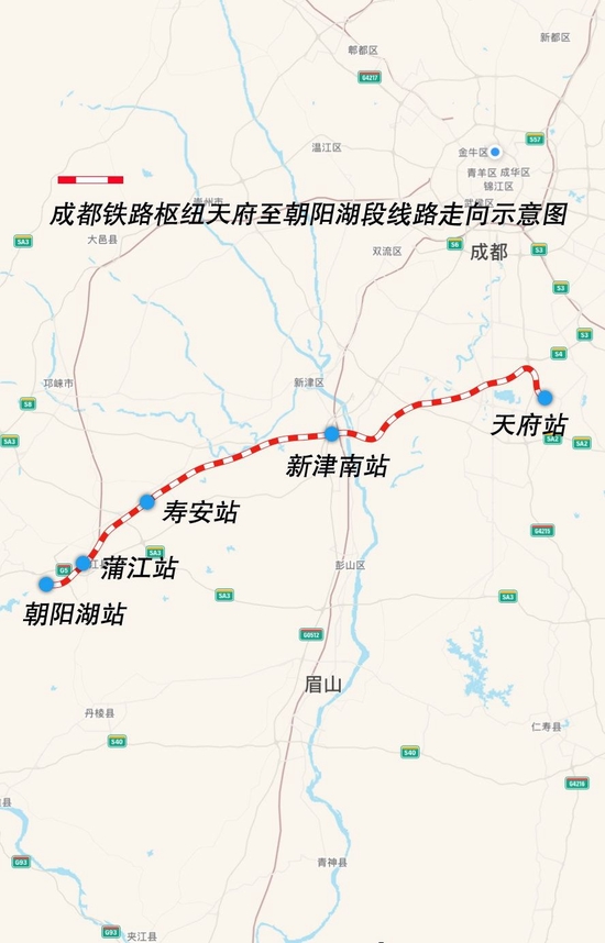 成都铁路枢纽天府至朝阳湖段线路图。
